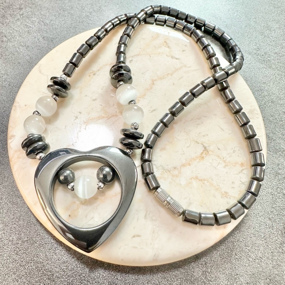Vintage Heart Pendant Hematite And White Cats Eye Beaded Necklace